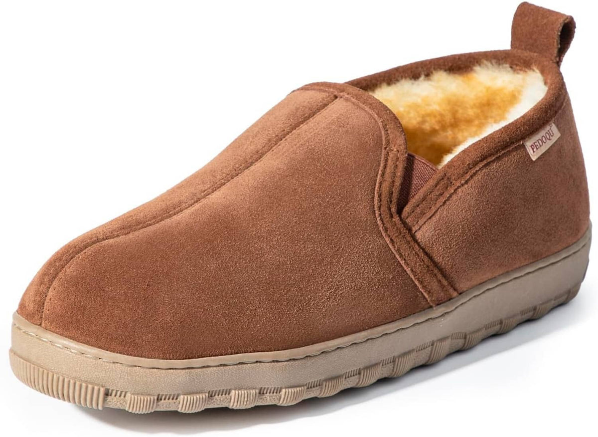Men's suede leather slipper with shearling lining and memory-foam insole