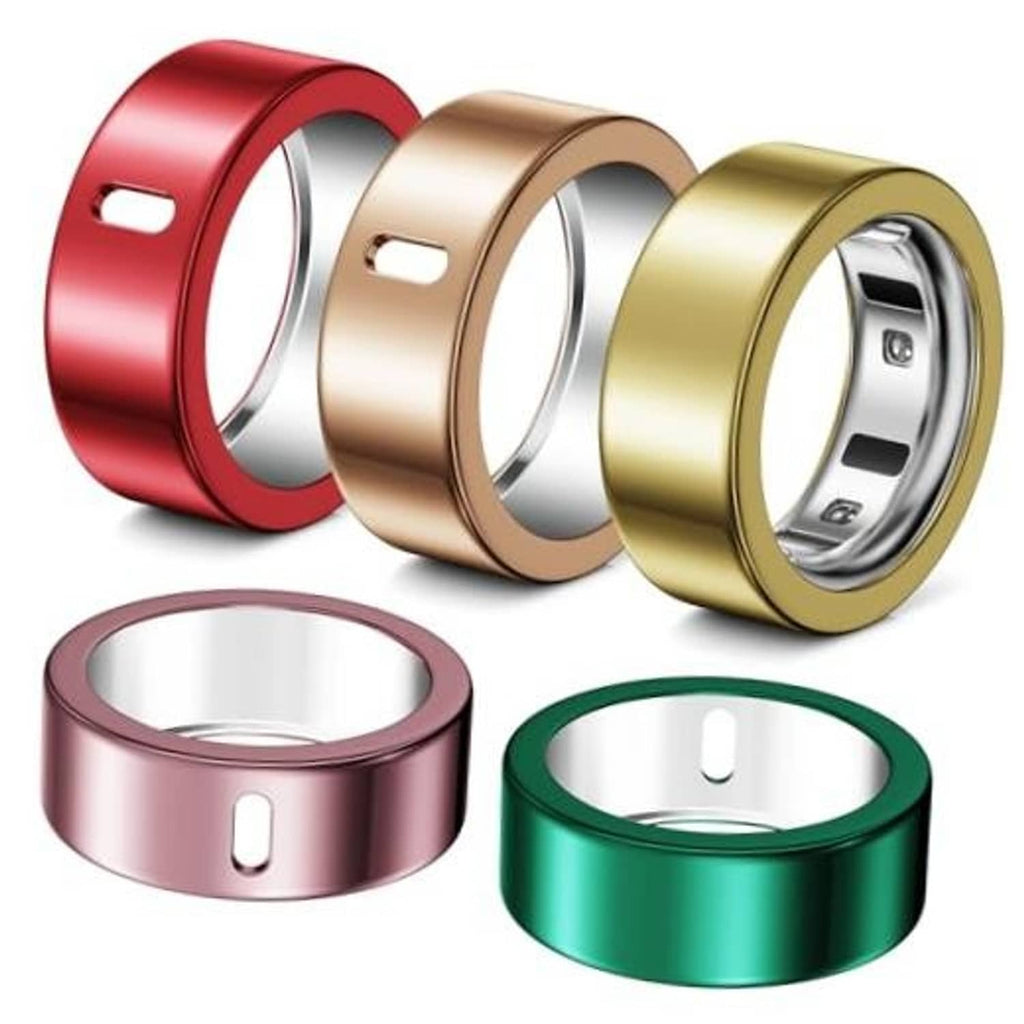 Set of four Oura ring anti-scratch covers: red, gold, green, and rose-gold metal
