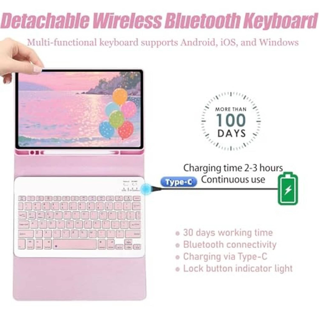 Pink detachable wireless Bluetooth keyboard case with Type-C charging and battery runtime icons