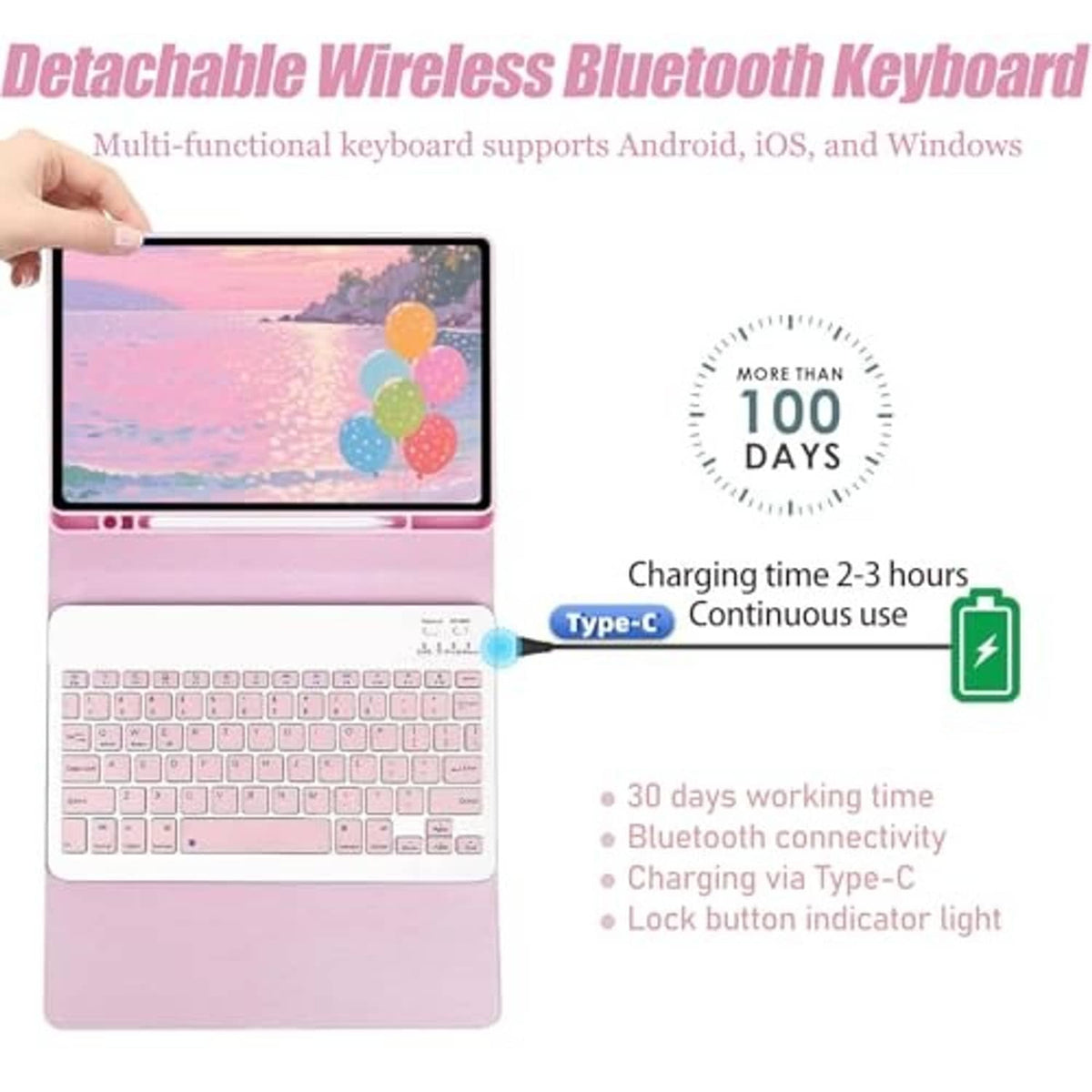 Pink detachable wireless Bluetooth keyboard case with Type-C charging and battery runtime icons