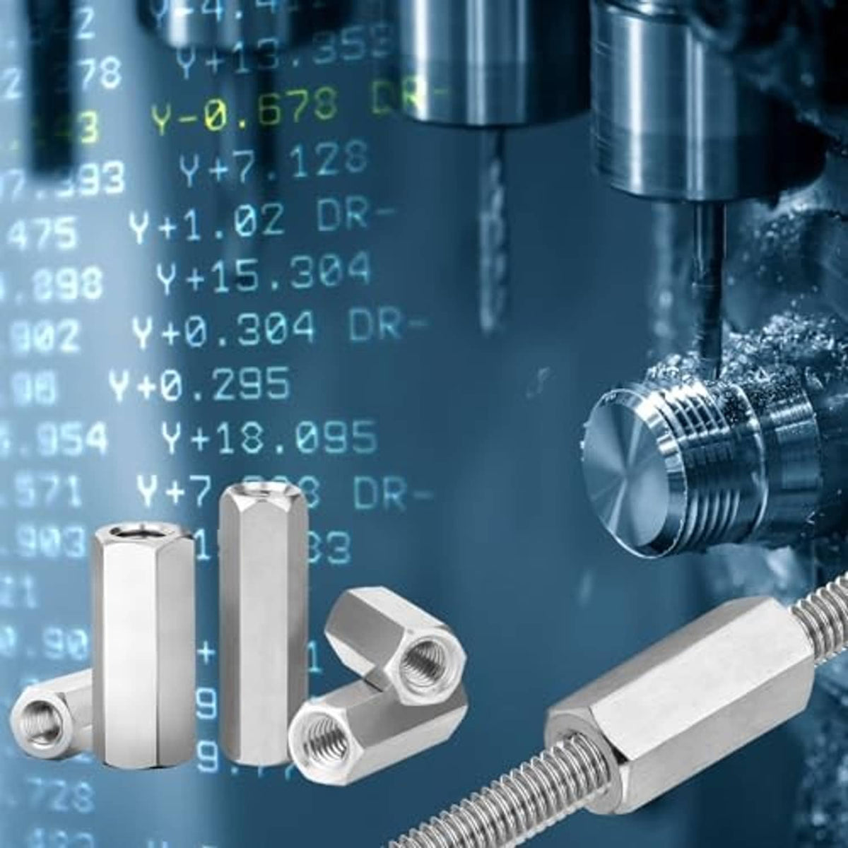 Stainless steel hex coupling nuts with internal threads on threaded hardware, close-up