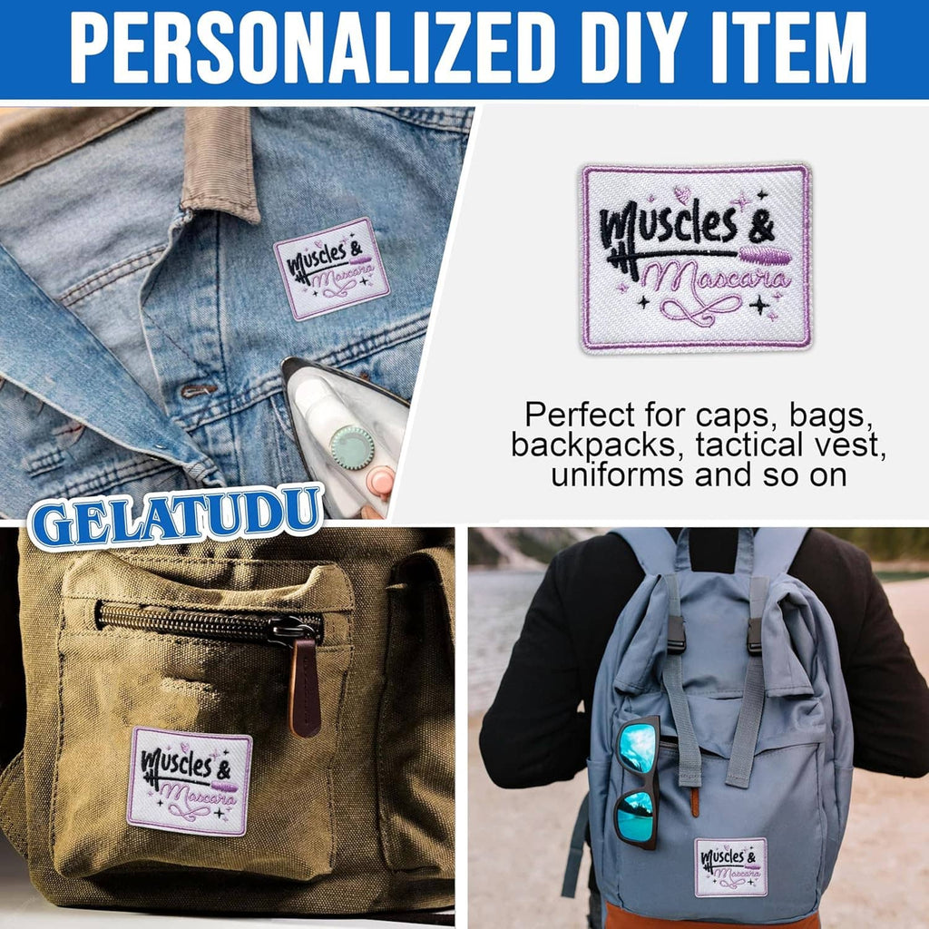 Embroidered 'Muscles & Mascara' patch on a bag, with purple border and accents.