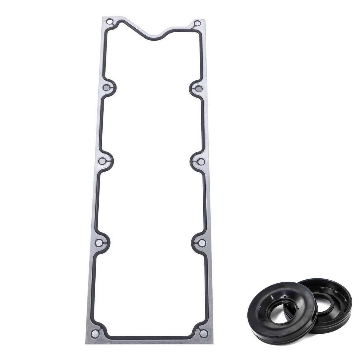 Tall rectangular metal gasket with bolt holes and two black rubber seals