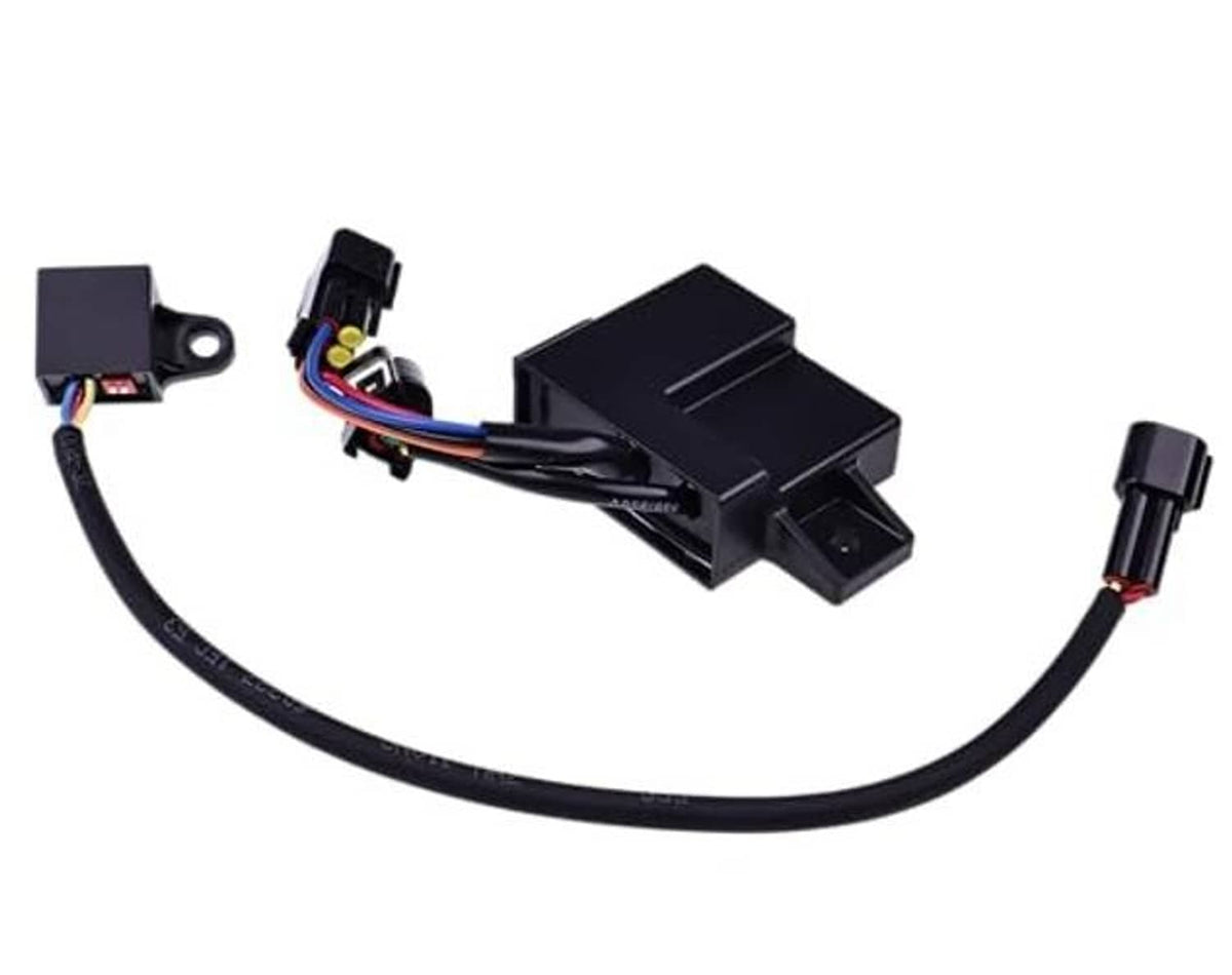Black CDI ignition module with wiring leads and electrical plug connectors