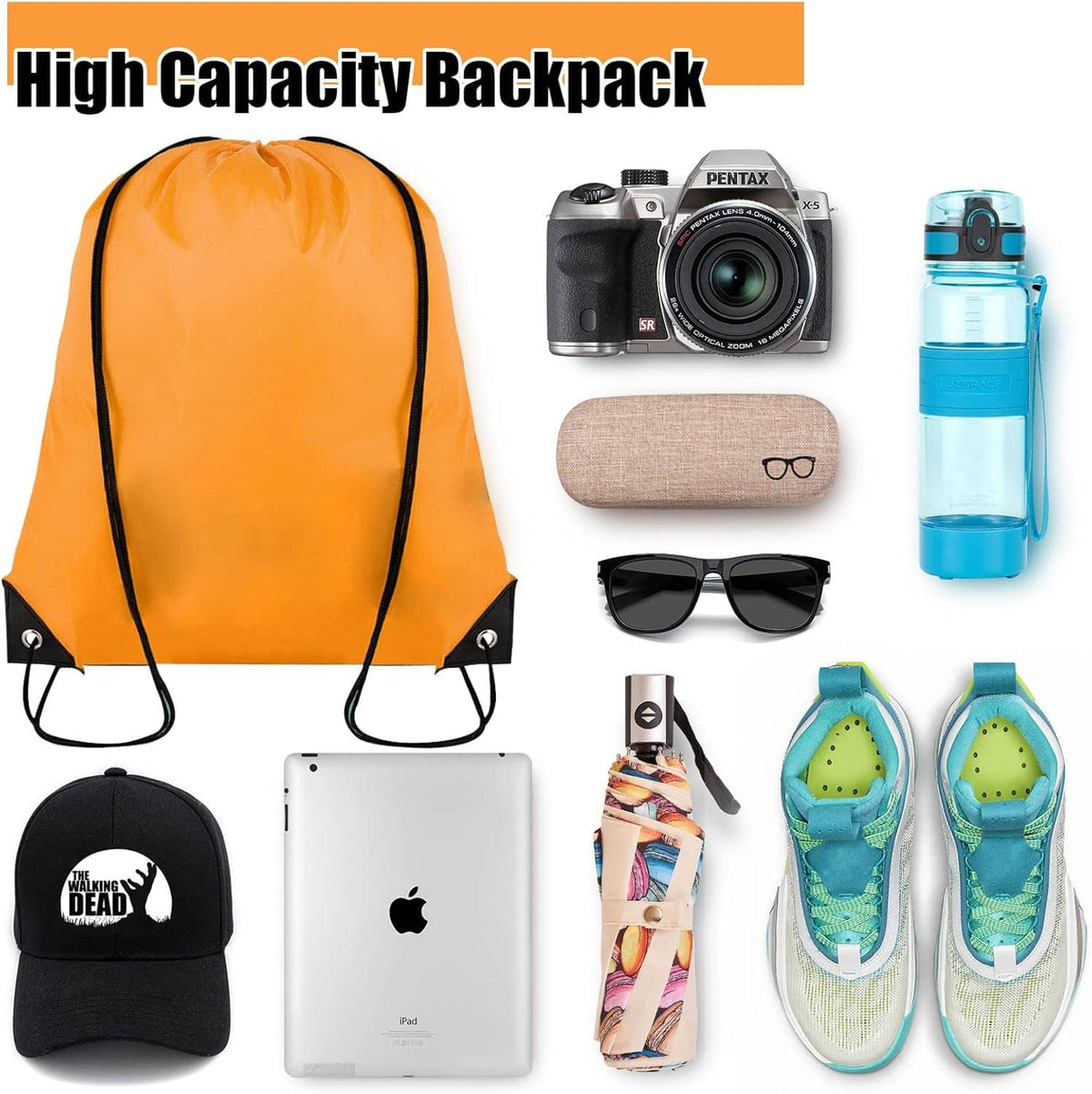 Orange drawstring backpack sack with black cords, front pouch, and reinforced bottom grommets.