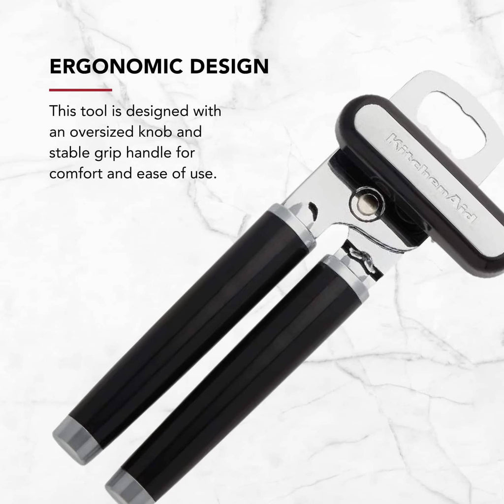 Black ergonomic can opener with oversized knob and stable grip handles