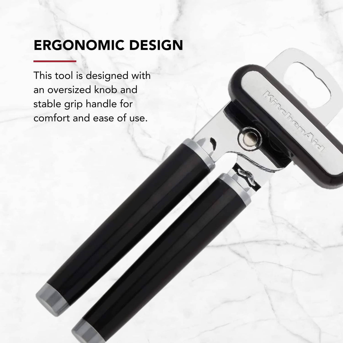 Black ergonomic can opener with oversized knob and stable grip handles