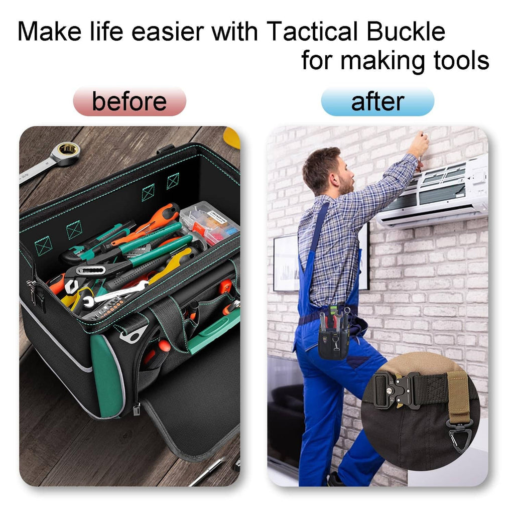 Tactical buckle with belt webbing loop and metal release hardware on strap