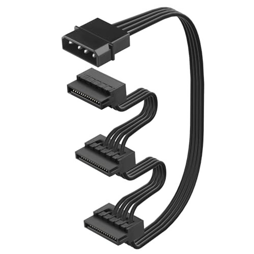 Black power cable with 4-pin male plug and three SATA 15-pin female leads