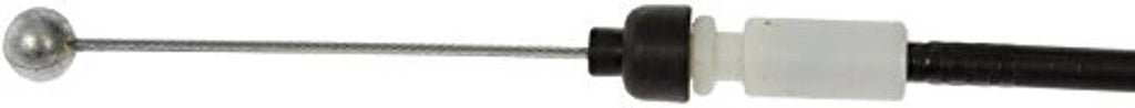 Hood release cable end with round metal ball and white plastic sleeve on black sheath.
