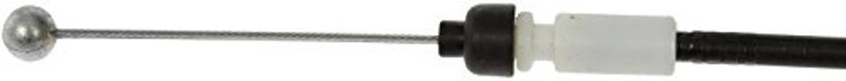 Hood release cable end with round metal ball and white plastic sleeve on black sheath.