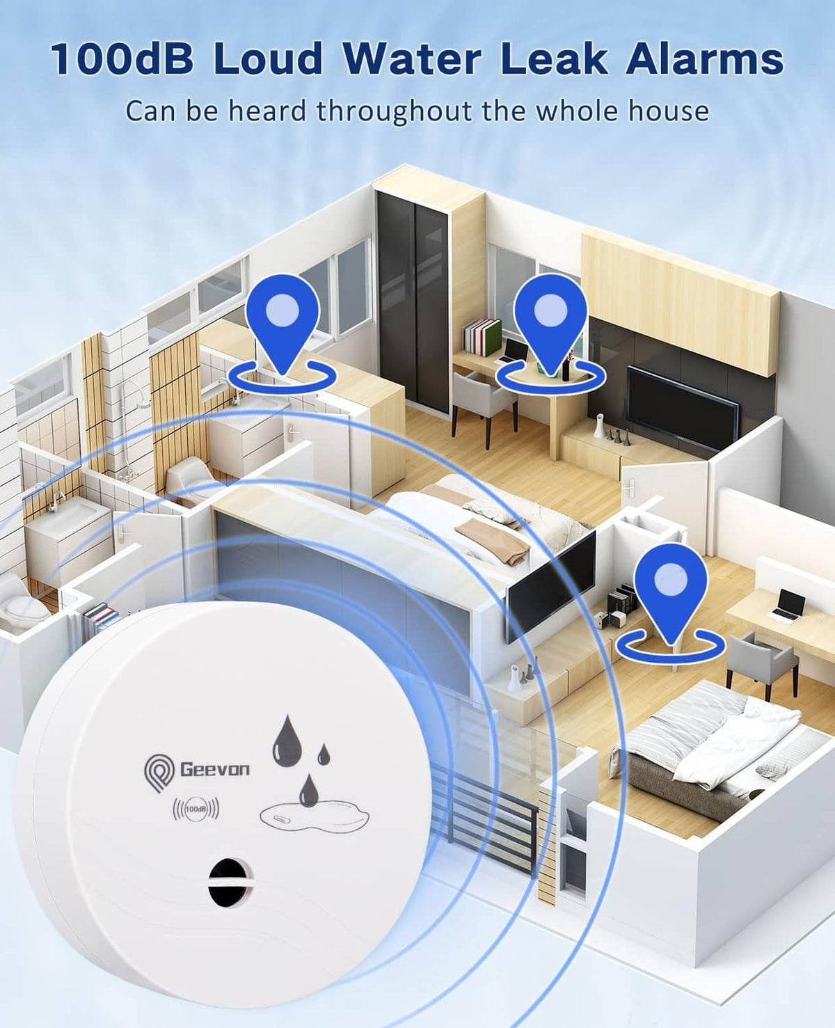 Geevon white water leak alarm, circular sensor unit with drop icons