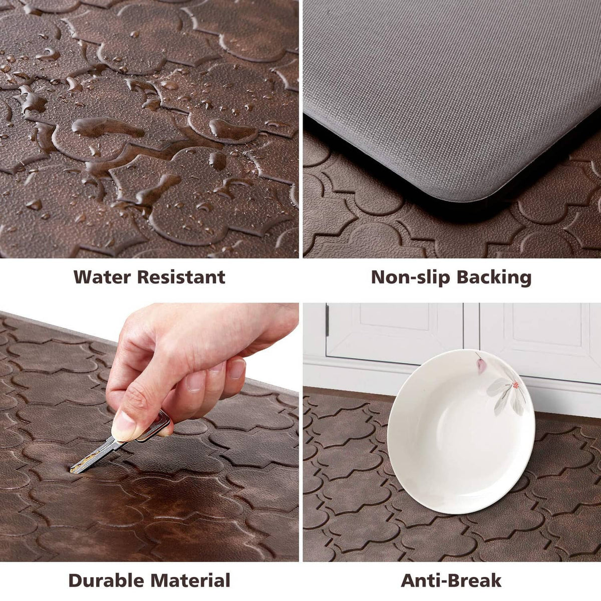 Brown textured kitchen mat corner with cushioned non-slip backing