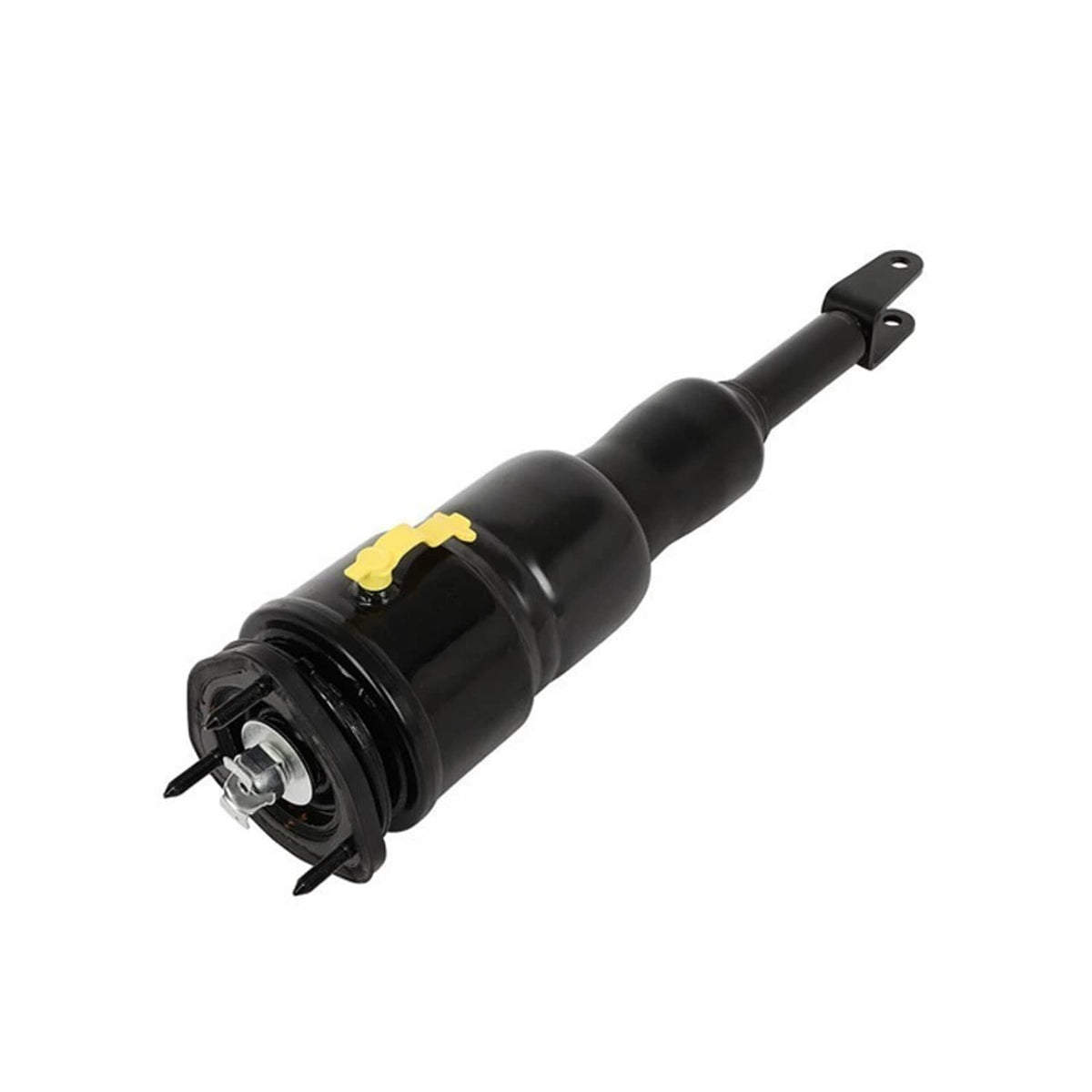 Front air suspension shock strut with black cylinder body and yellow service cap on top