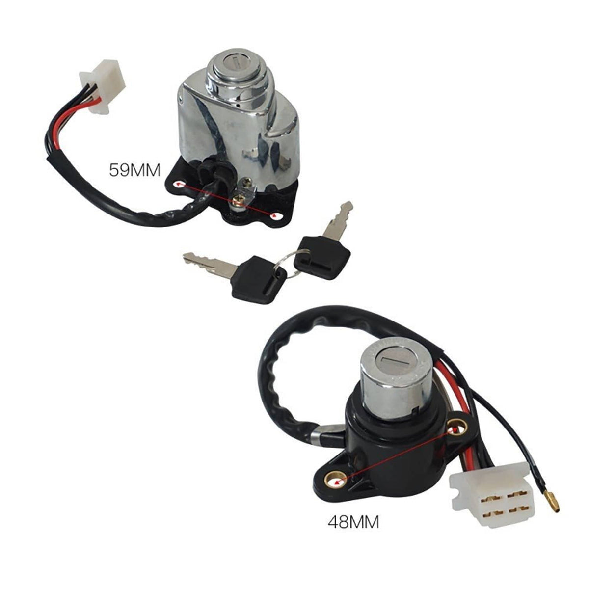 Gas tank ignition lock switch with chrome housing, black wires, and two keys