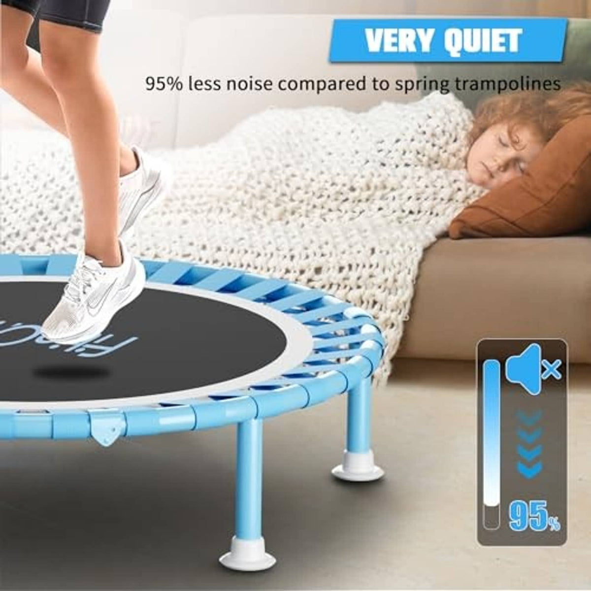 Mini trampoline with light blue legs and black jumping surface