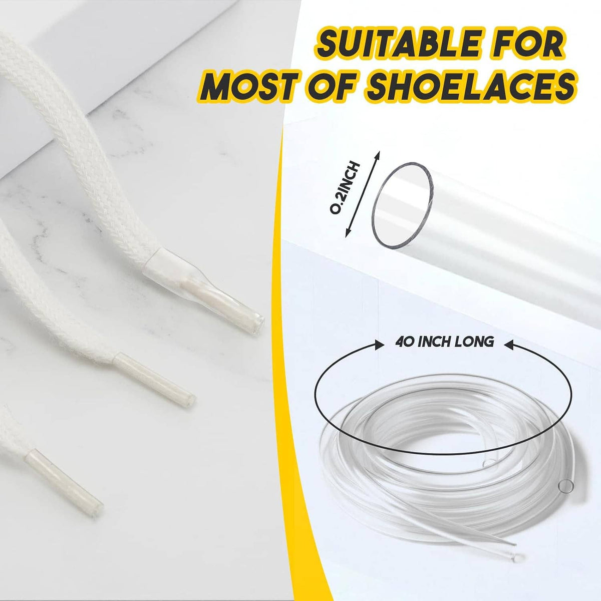 Clear heat-shrink shoelace tubing coil with short sleeve pieces and looped end