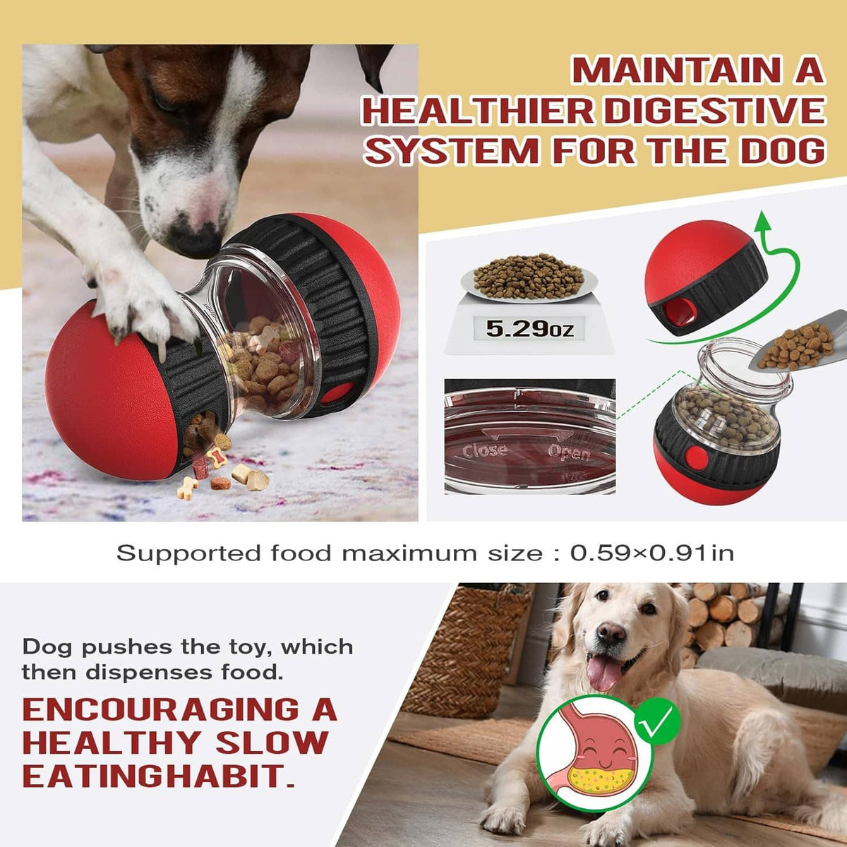 Red and black treat-dispensing puzzle slow feeder toy with clear drum and food inside