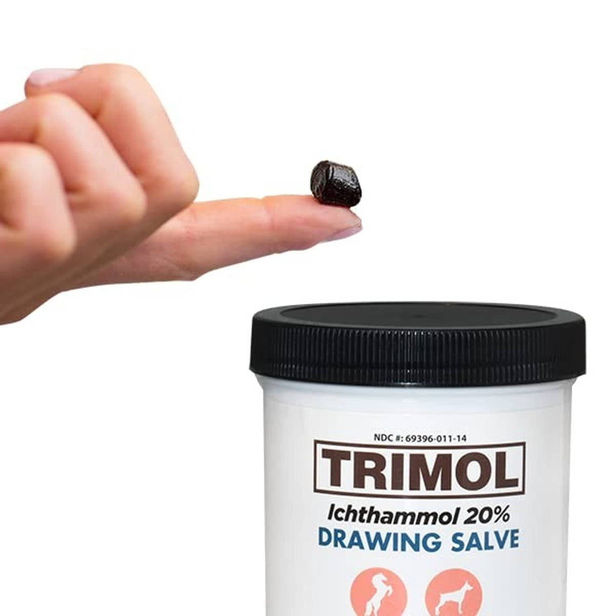 Small dab of dark salve on palm beside TRIMOL drawing salve tub with black lid