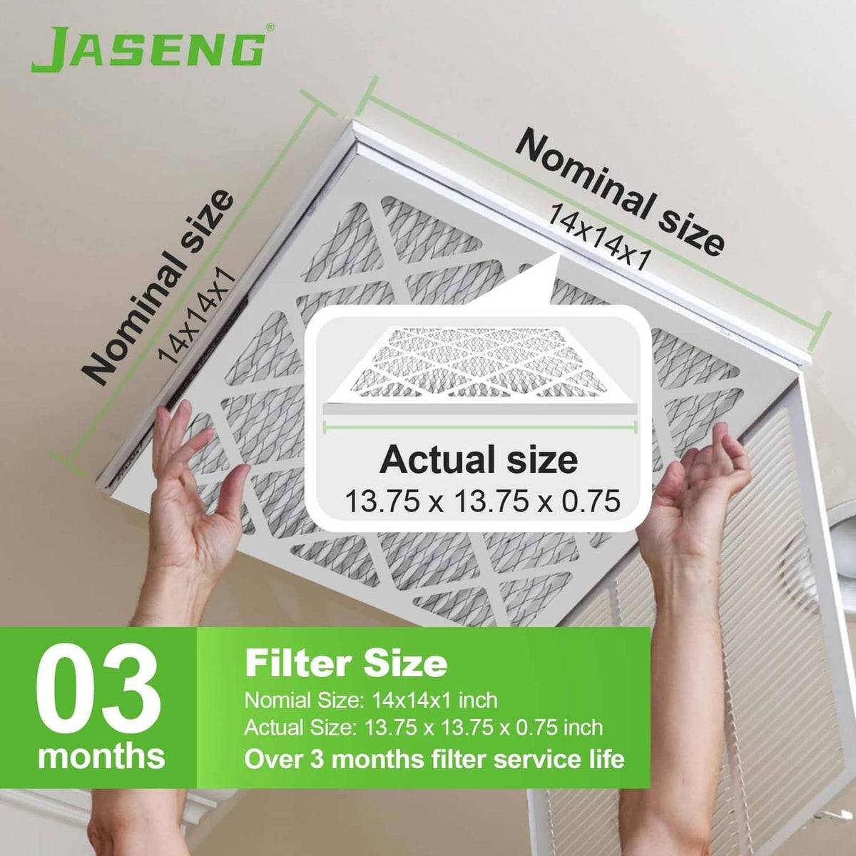 JASENG pleated HVAC air filter showing nominal and actual size 14x14x1