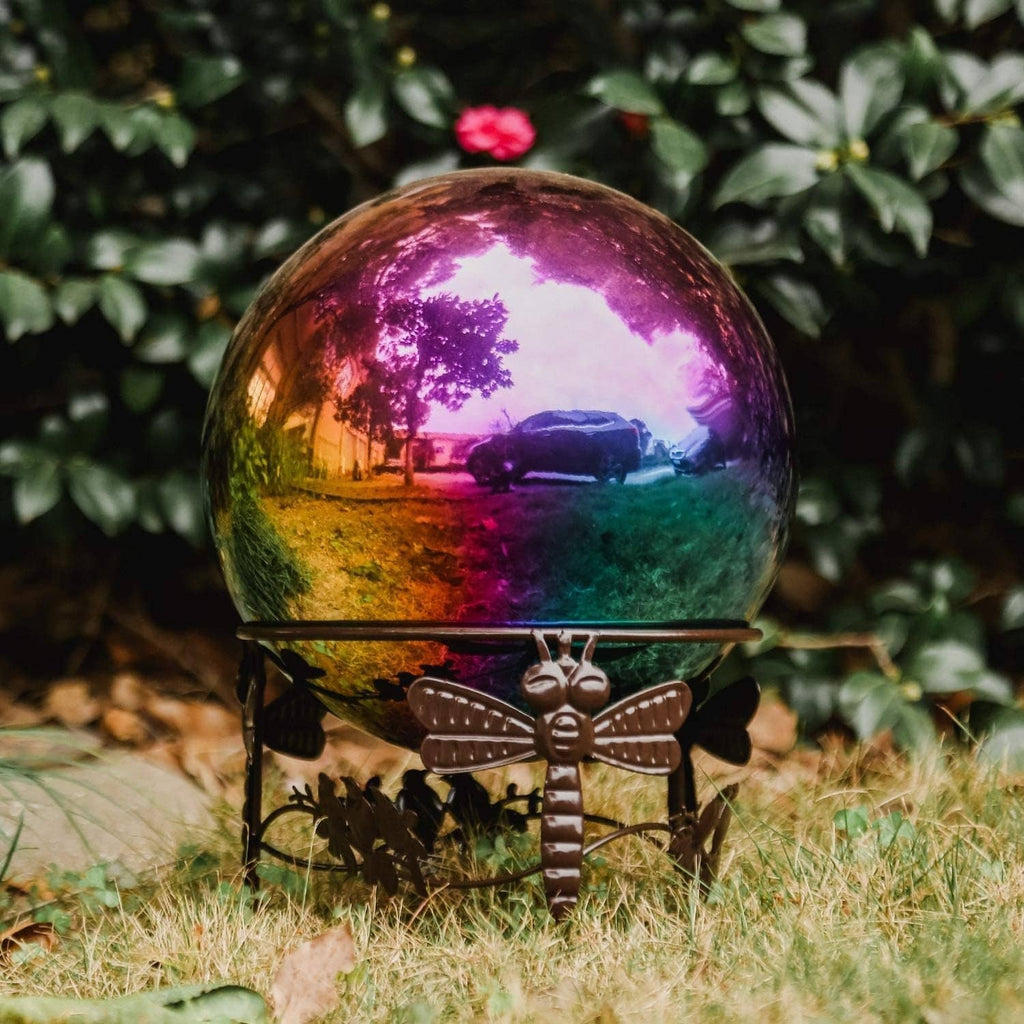 Metal gazing ball stand holding a multicolor reflective gazing ball.