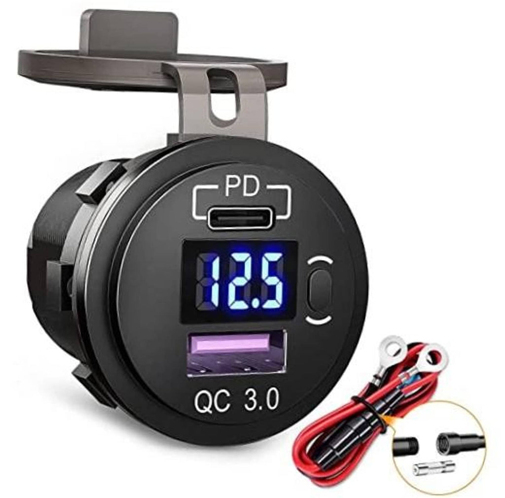 Black USB-C dual-port car charger socket with voltmeter and QC 3.0 USB-C connector