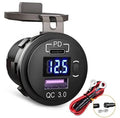 Black USB-C dual-port car charger socket with voltmeter and QC 3.0 USB-C connector