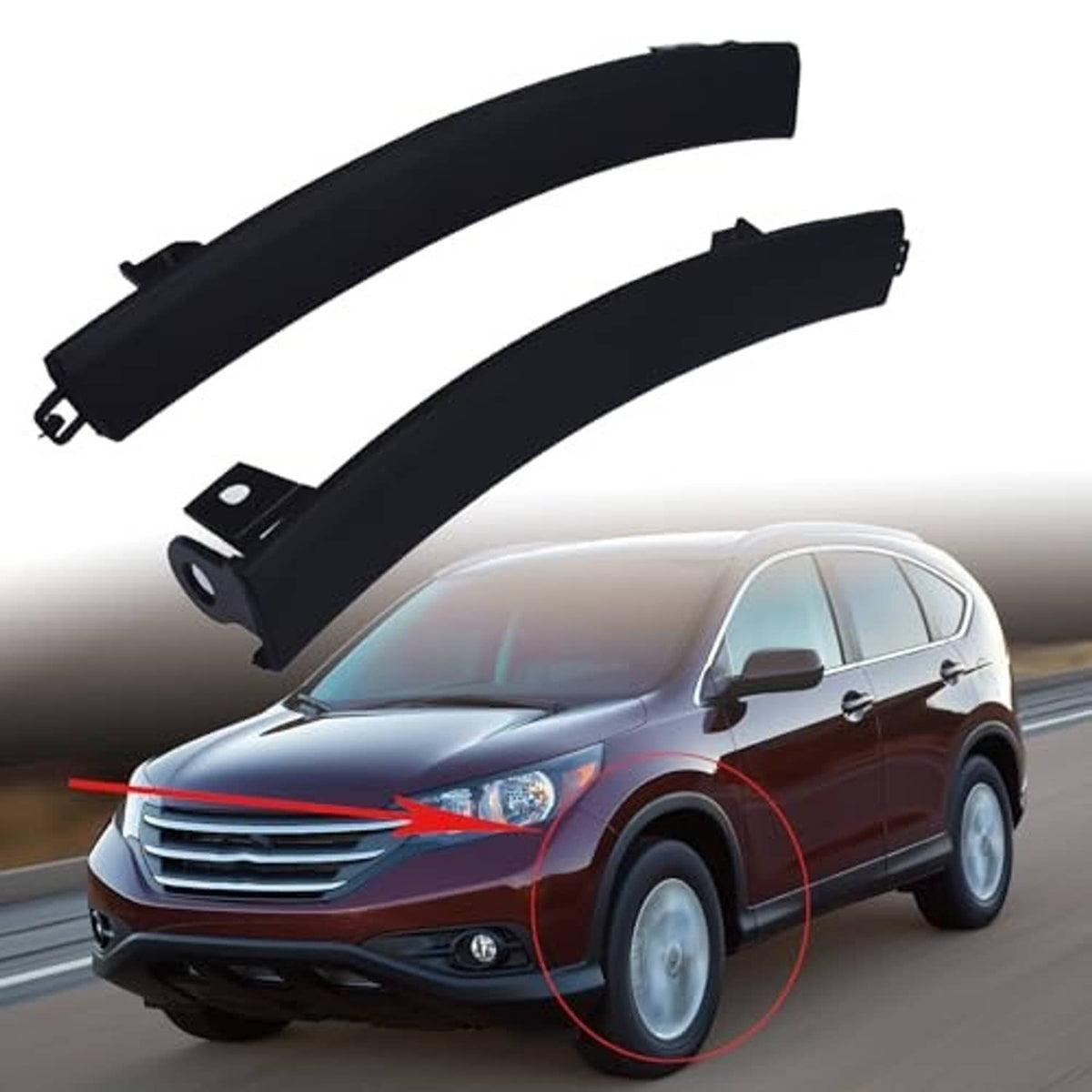 Black left and right front bumper filler trims positioned for replacement on front bumper