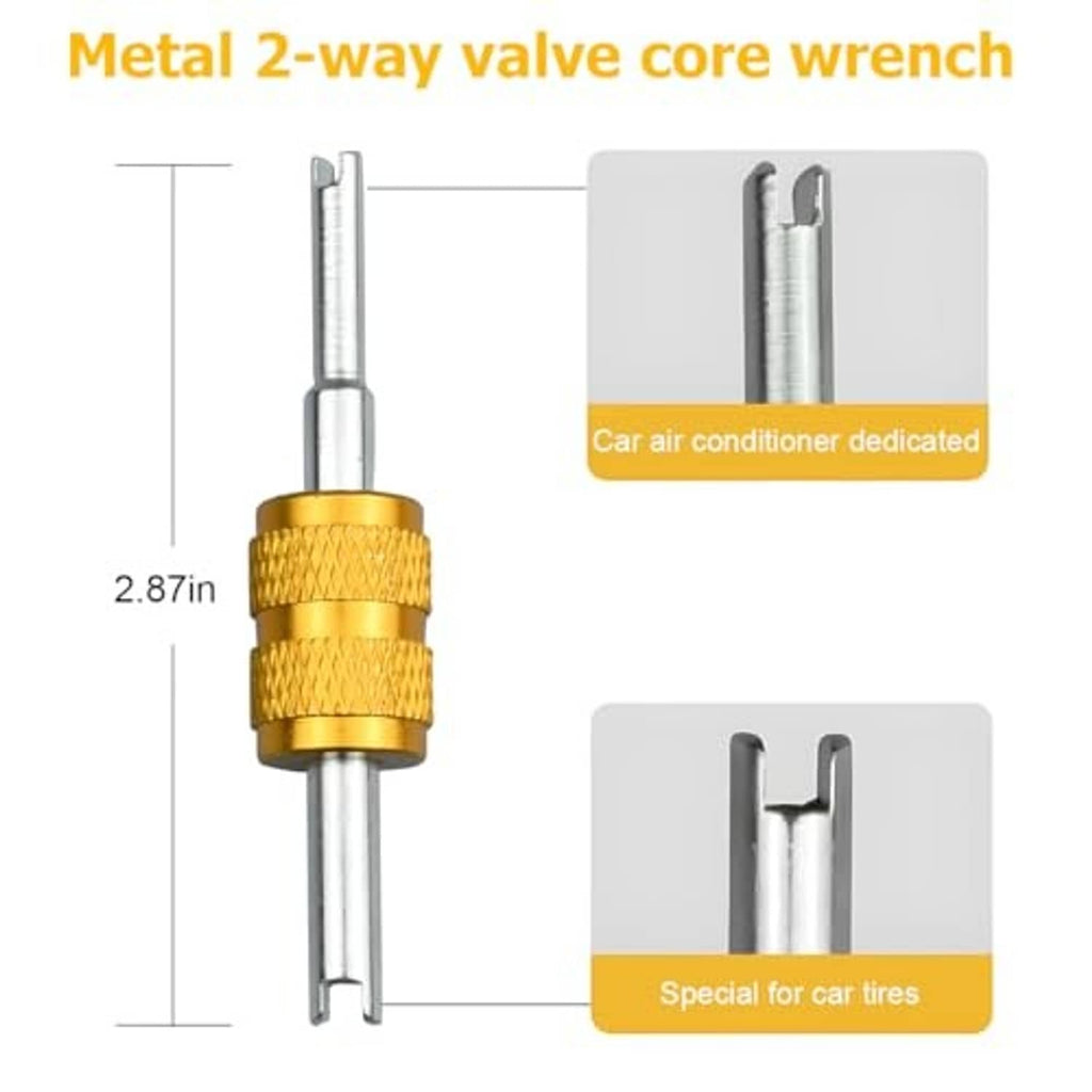 Metal 2-way valve core wrench with gold knurled grip and double-prong tip