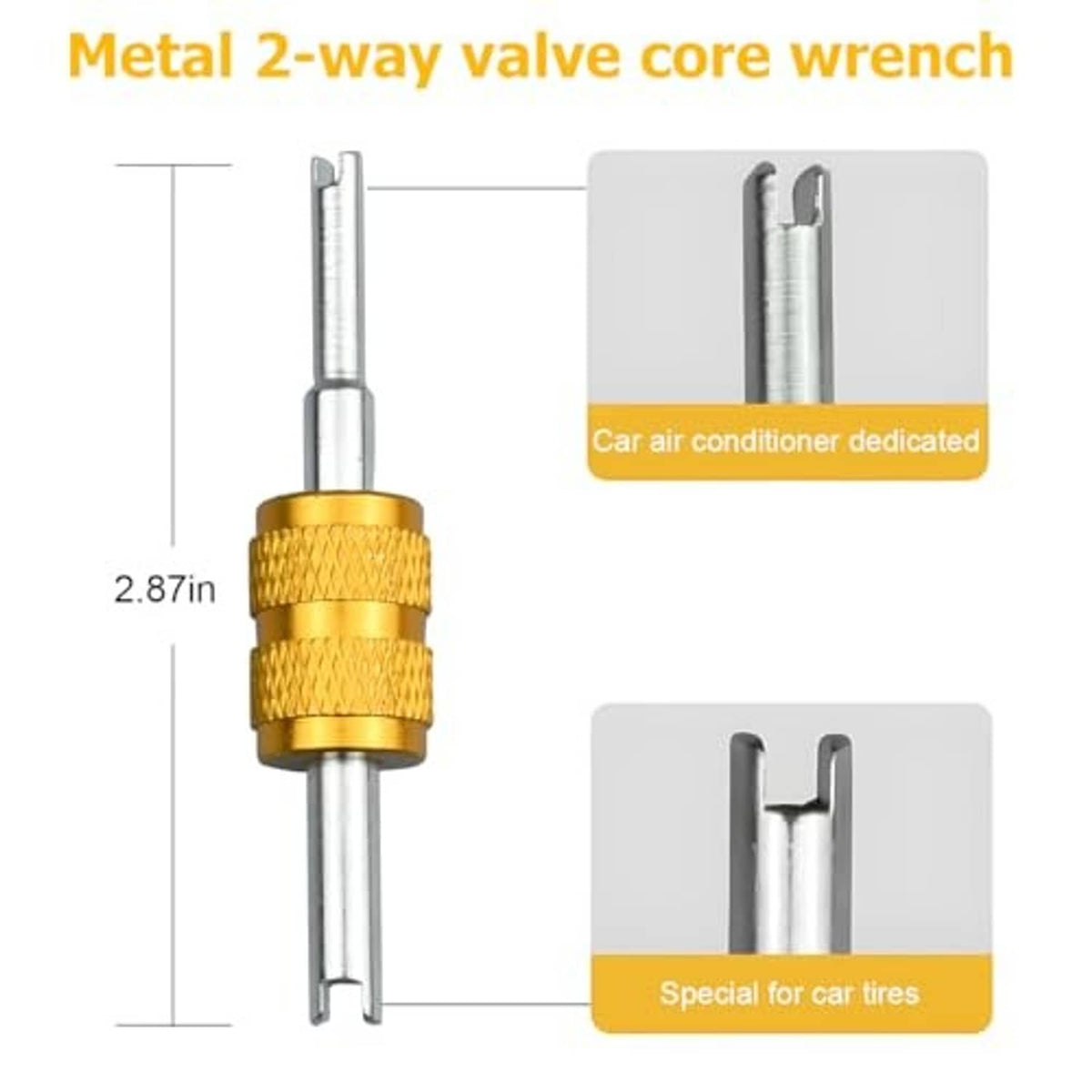 Metal 2-way valve core wrench with gold knurled grip and double-prong tip