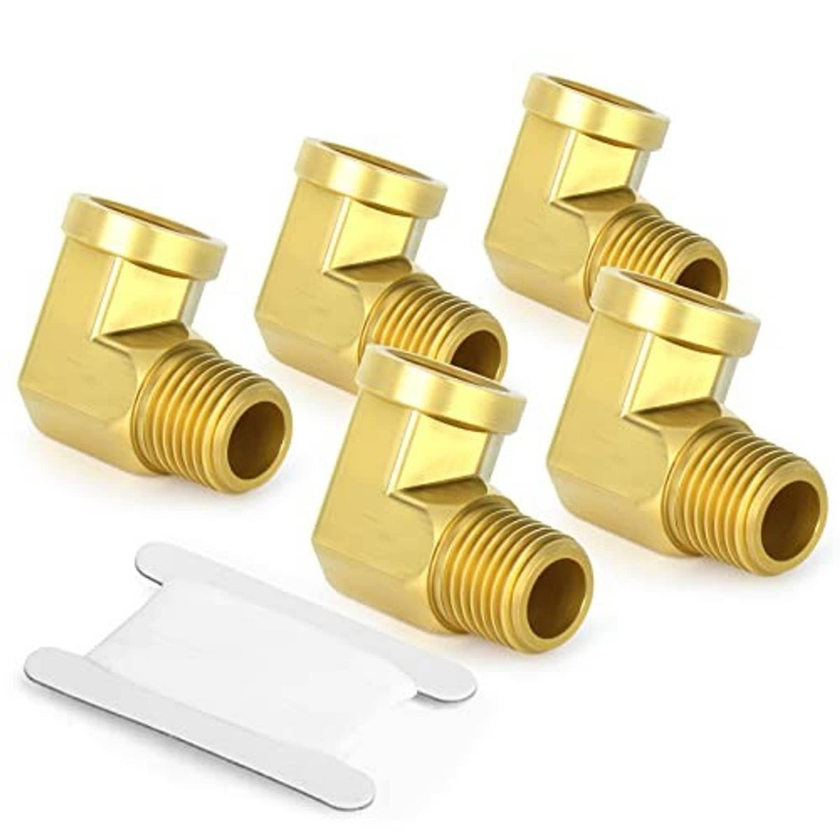 Set of brass 90-degree street elbow pipe fittings with male and female threads, 5-pack
