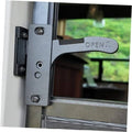Metal RV screen door latch handle with OPEN lever and right-side mounting bracket
