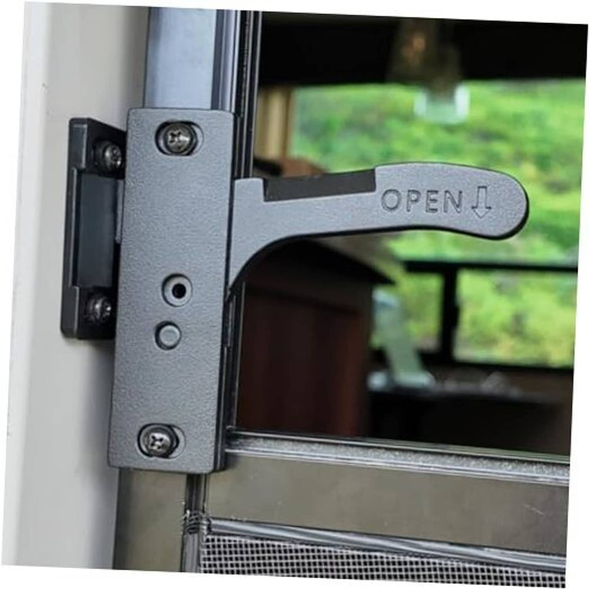 Metal RV screen door latch handle with OPEN lever and right-side mounting bracket