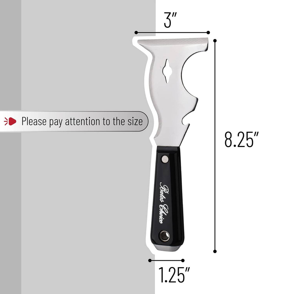 Black-handled 10 in 1 paint scraper with metal blade, sized 3 in x 8.25 in
