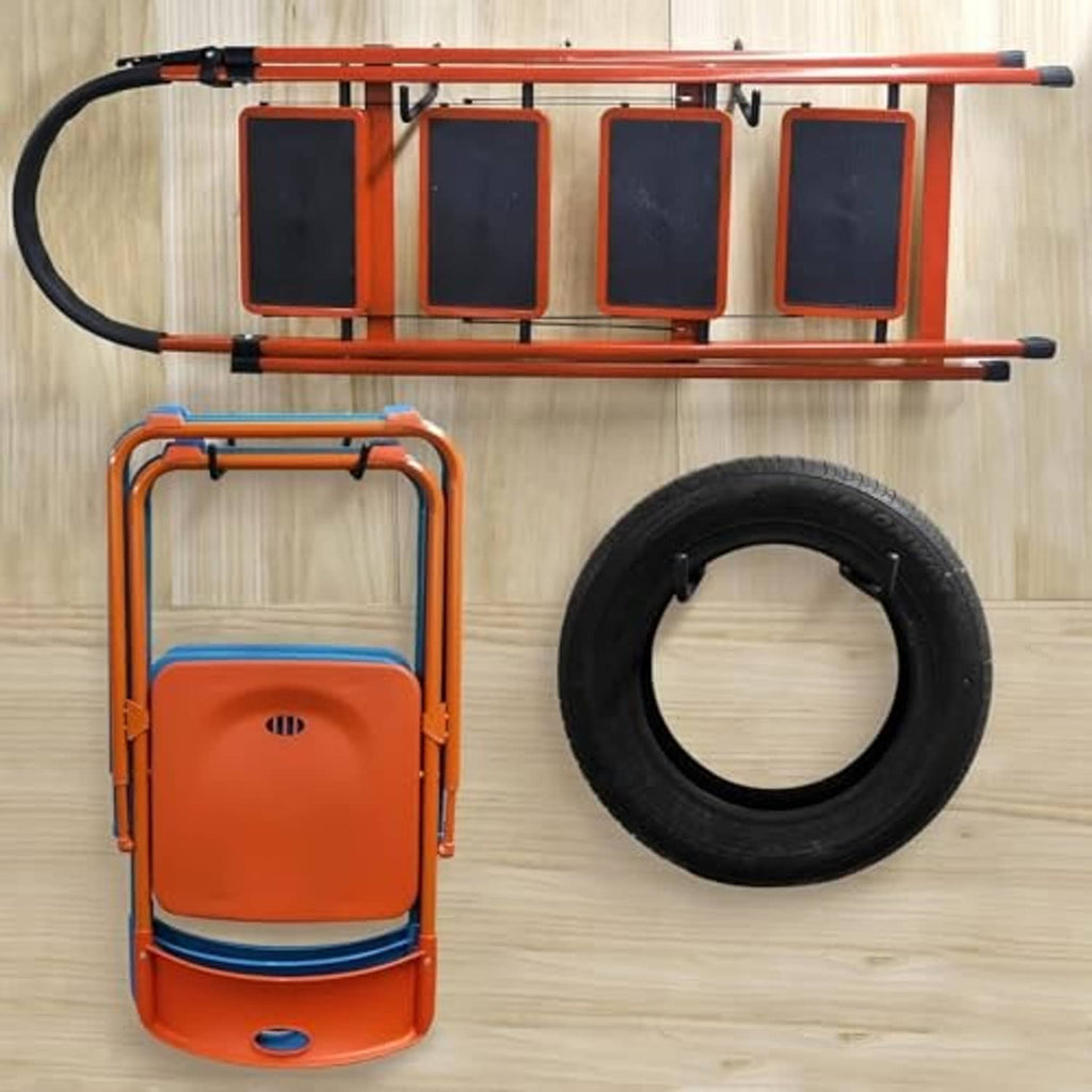Black screw-in ladder hooks holding tools and a tire on an orange rack
