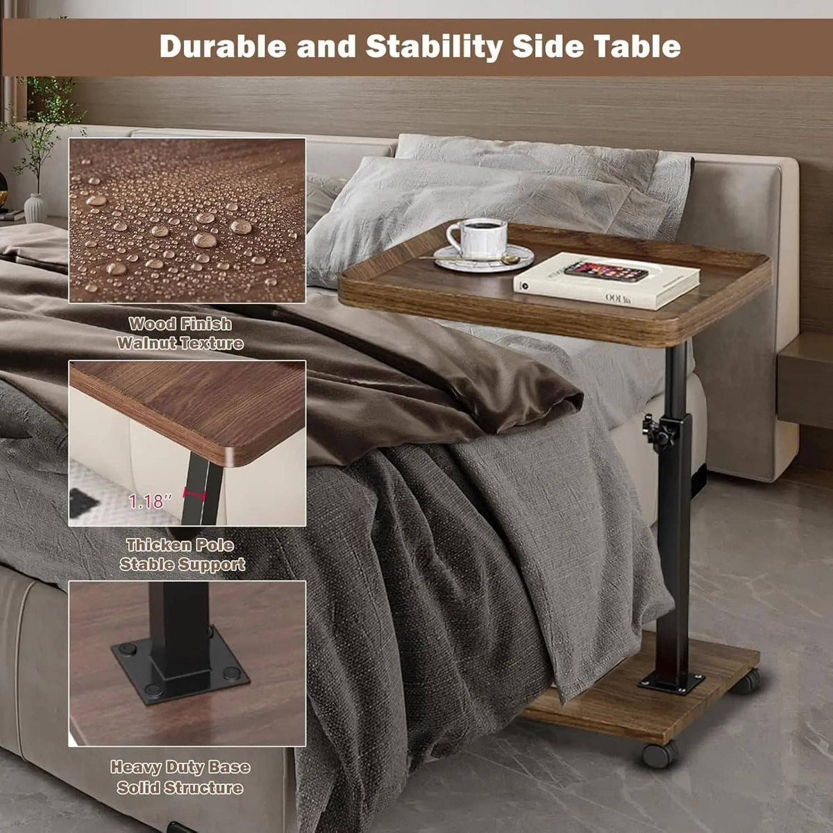 Walnut-finish adjustable side table with metal pole and wide stable base