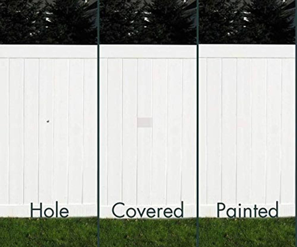 Vinyl siding repair sample showing a hole, covered patch, and painted result