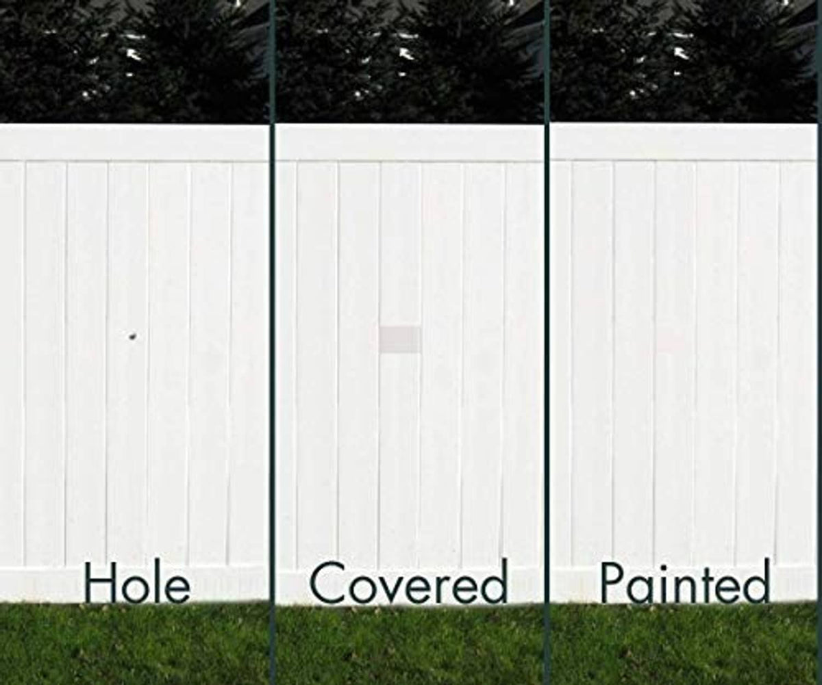 Vinyl siding repair sample showing a hole, covered patch, and painted result