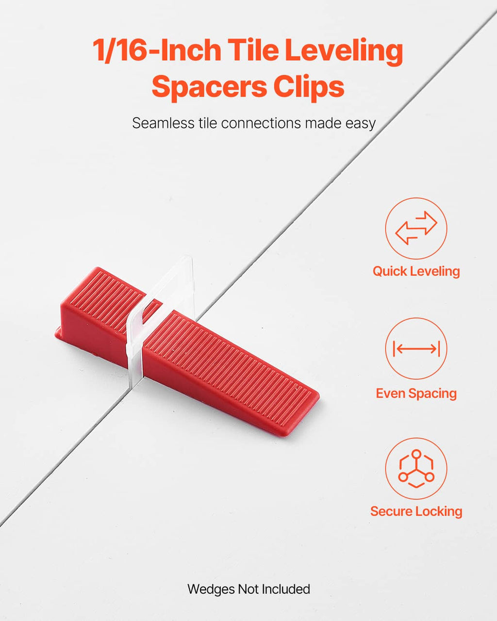 Red tile leveling spacer clip for 1/16-inch tile leveling, keeps spacing consistent