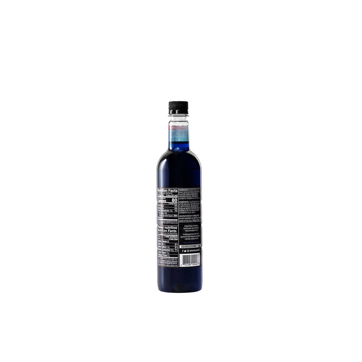 DaVinci Gourmet blue raspberry syrup bottle, back label view, dark cap on blue glass