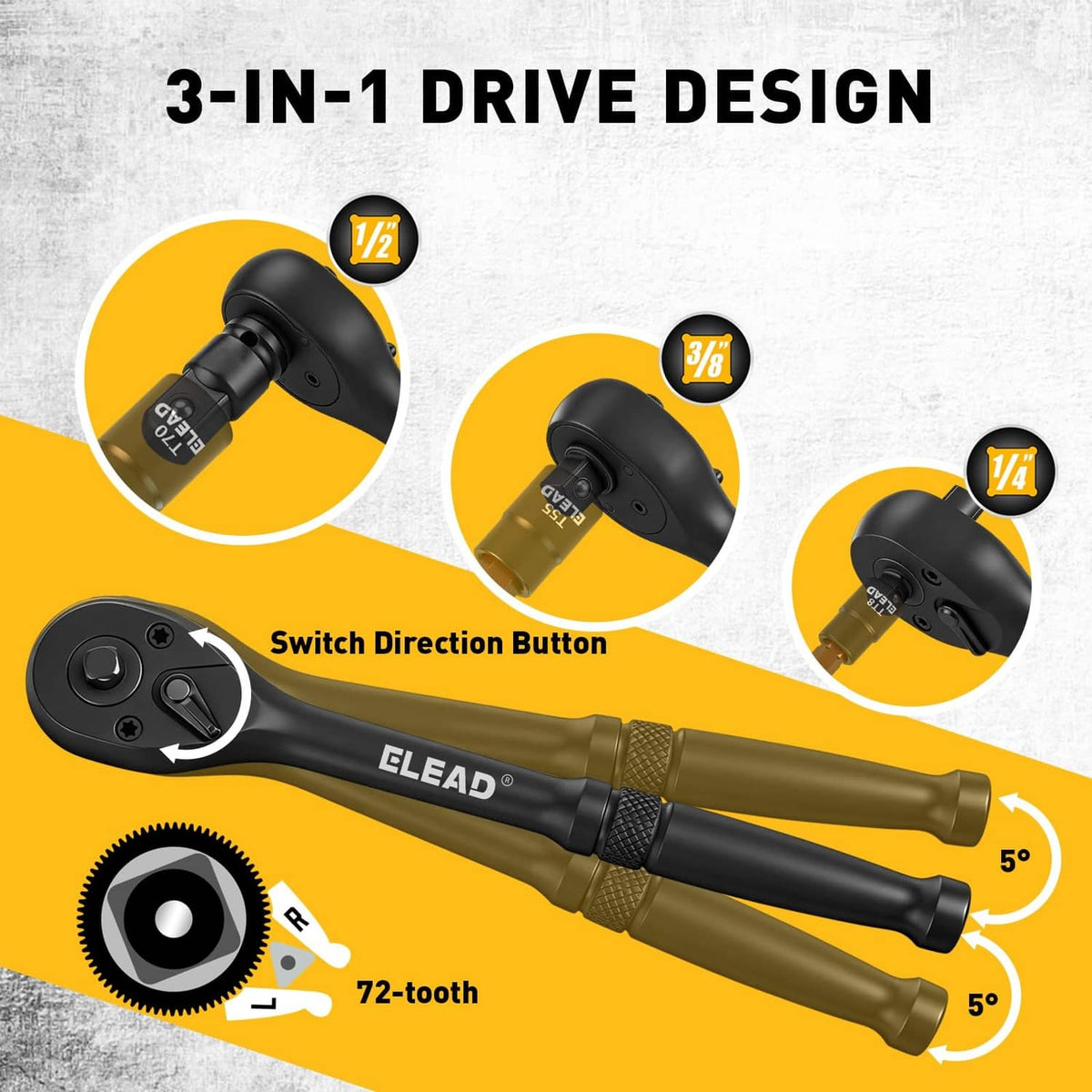 3-in-1 drive ratchet wrench with black handle and interchangeable socket heads