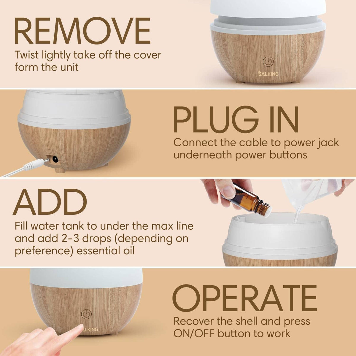 SALKING essential oil diffuser with step guide for plug in, add water, and operate