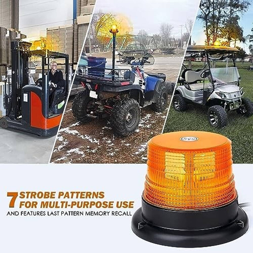 Amber beacon light with domed lens and black base, outdoors near vehicles