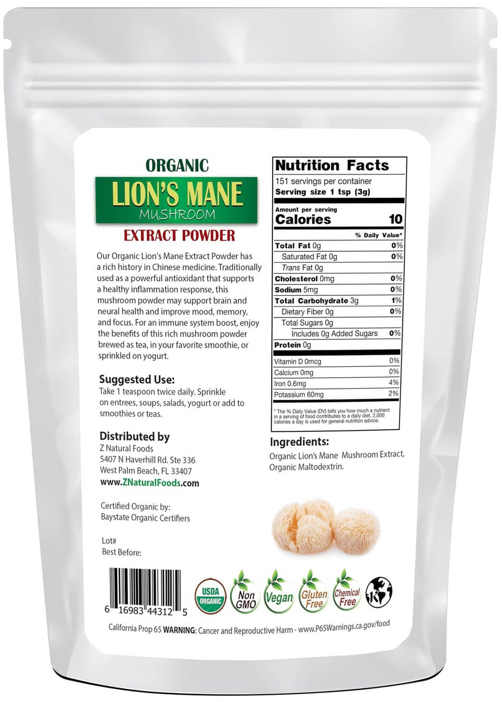 Z Natural Foods organic lion's mane extract powder pouch with Nutrition Facts panel
