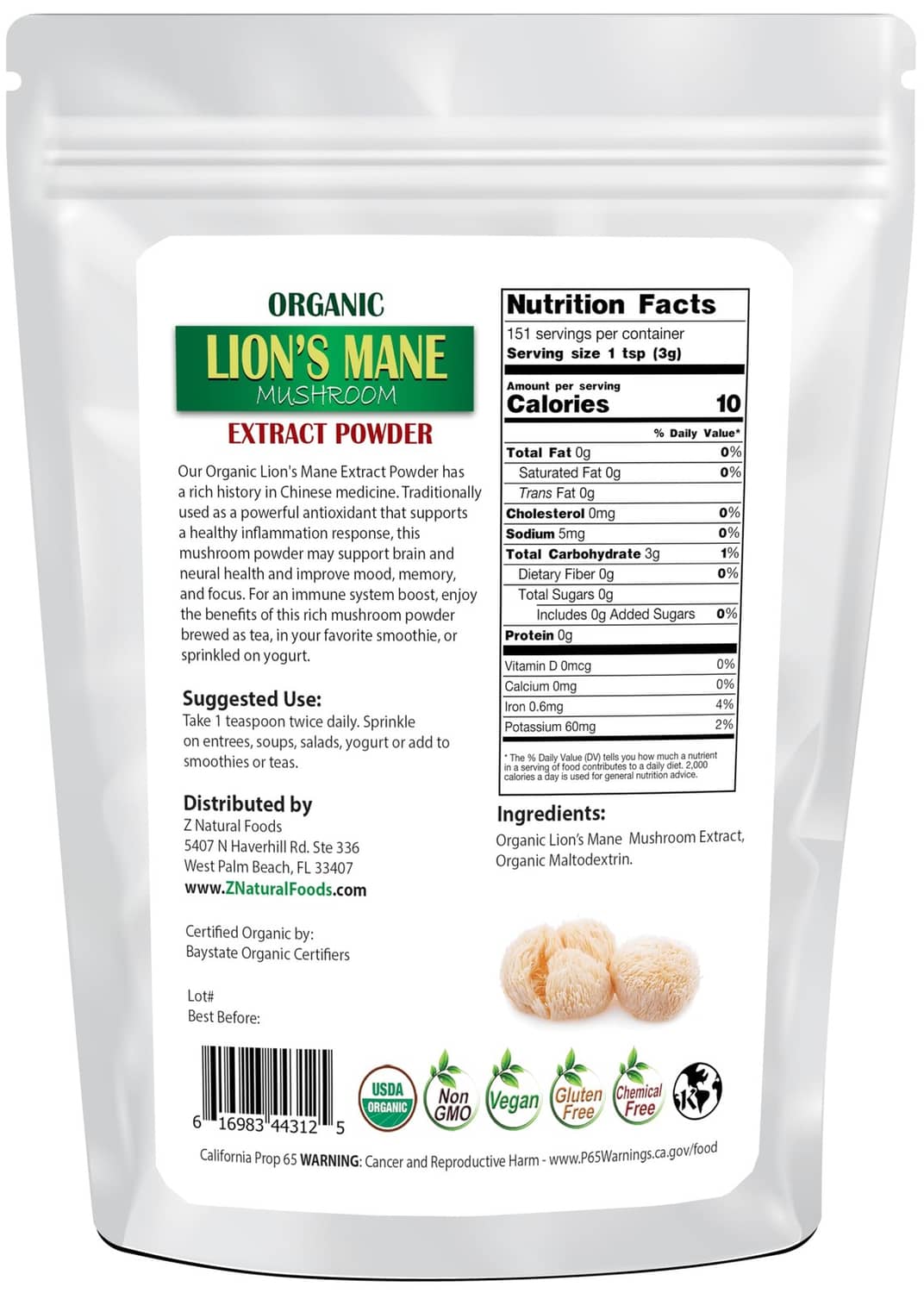 Z Natural Foods organic lion's mane extract powder pouch with Nutrition Facts panel