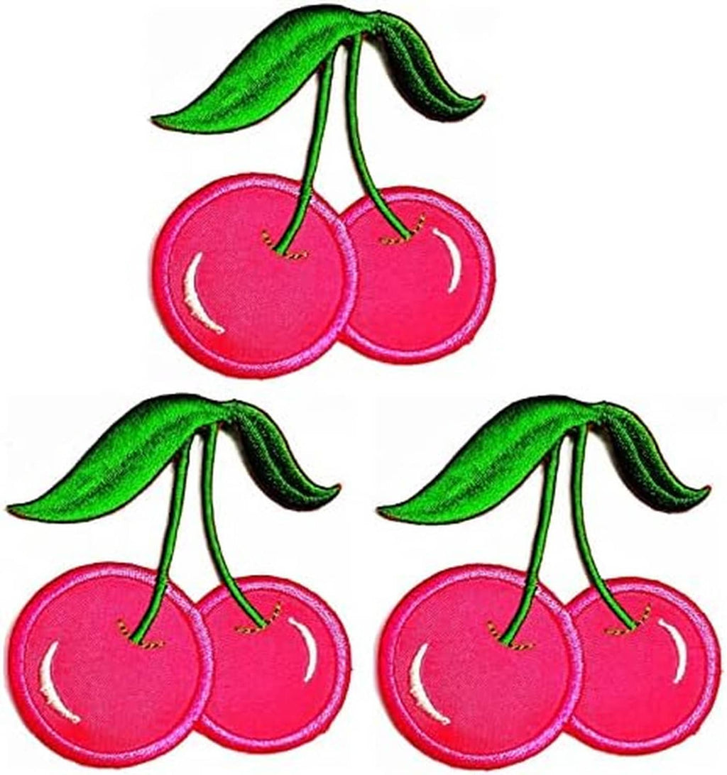 Multiple pink cherry fruit patches with green leaves and stems, set of three