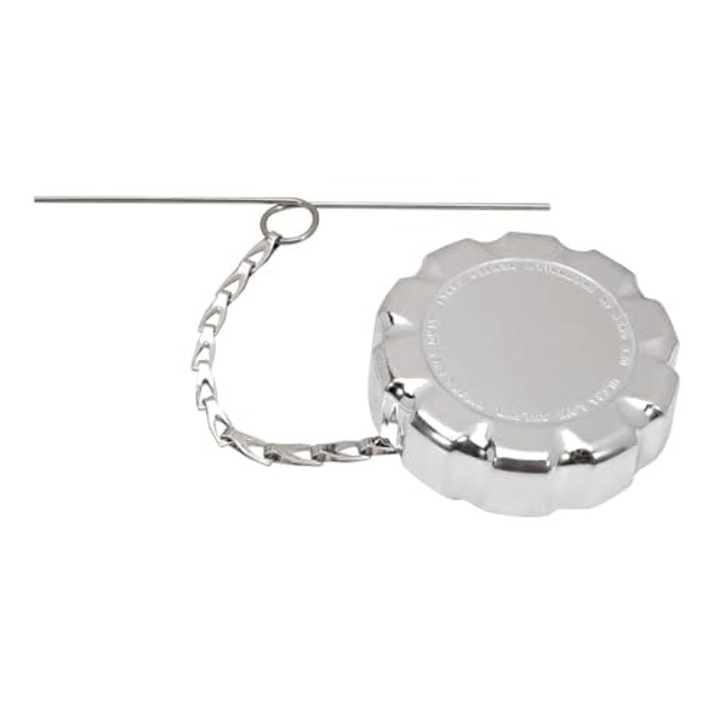 Round chrome fuel tank cap with chain and recessed circular top