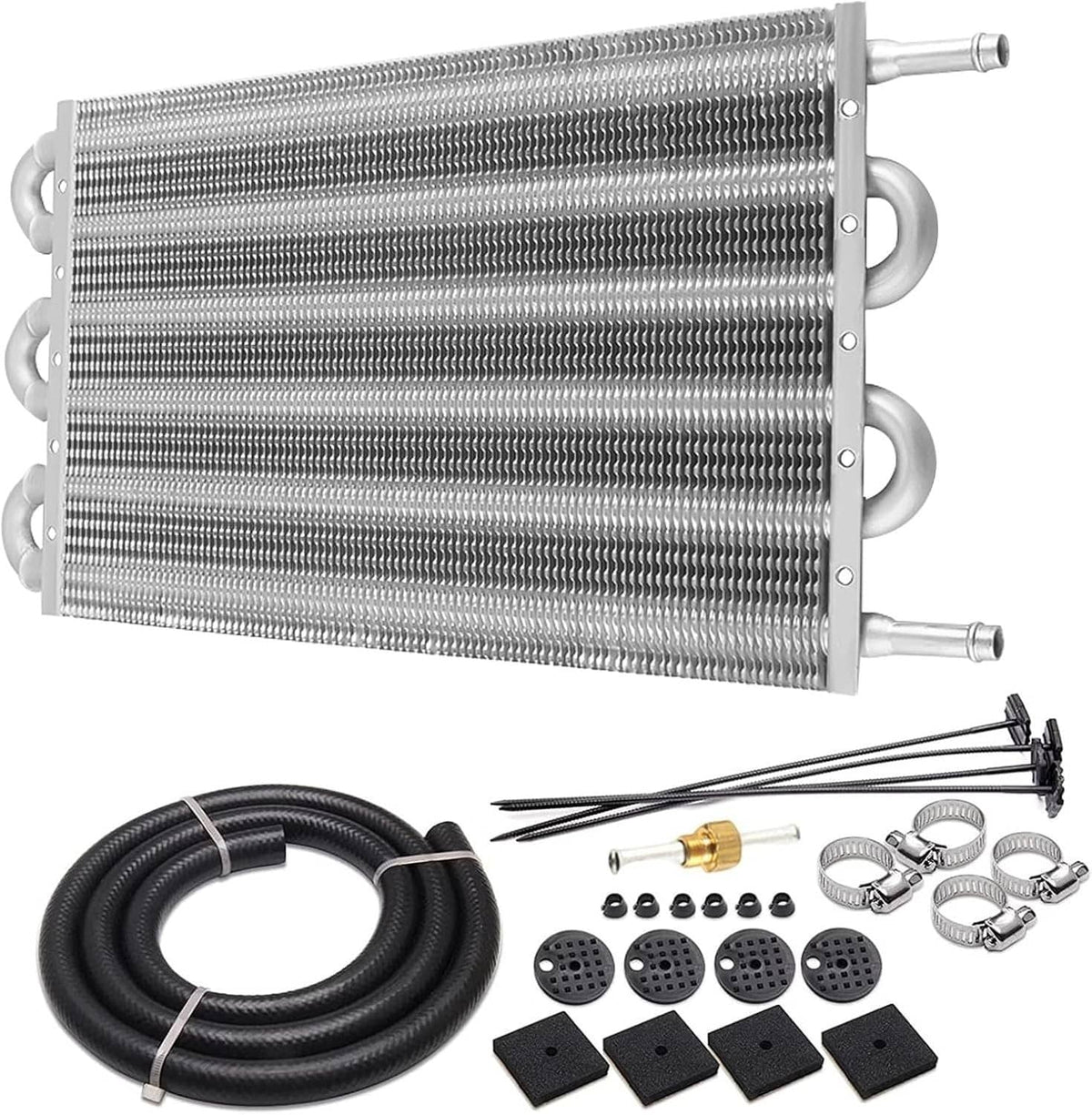 Aluminum transmission oil cooler radiator with mounting brackets and two hose ports