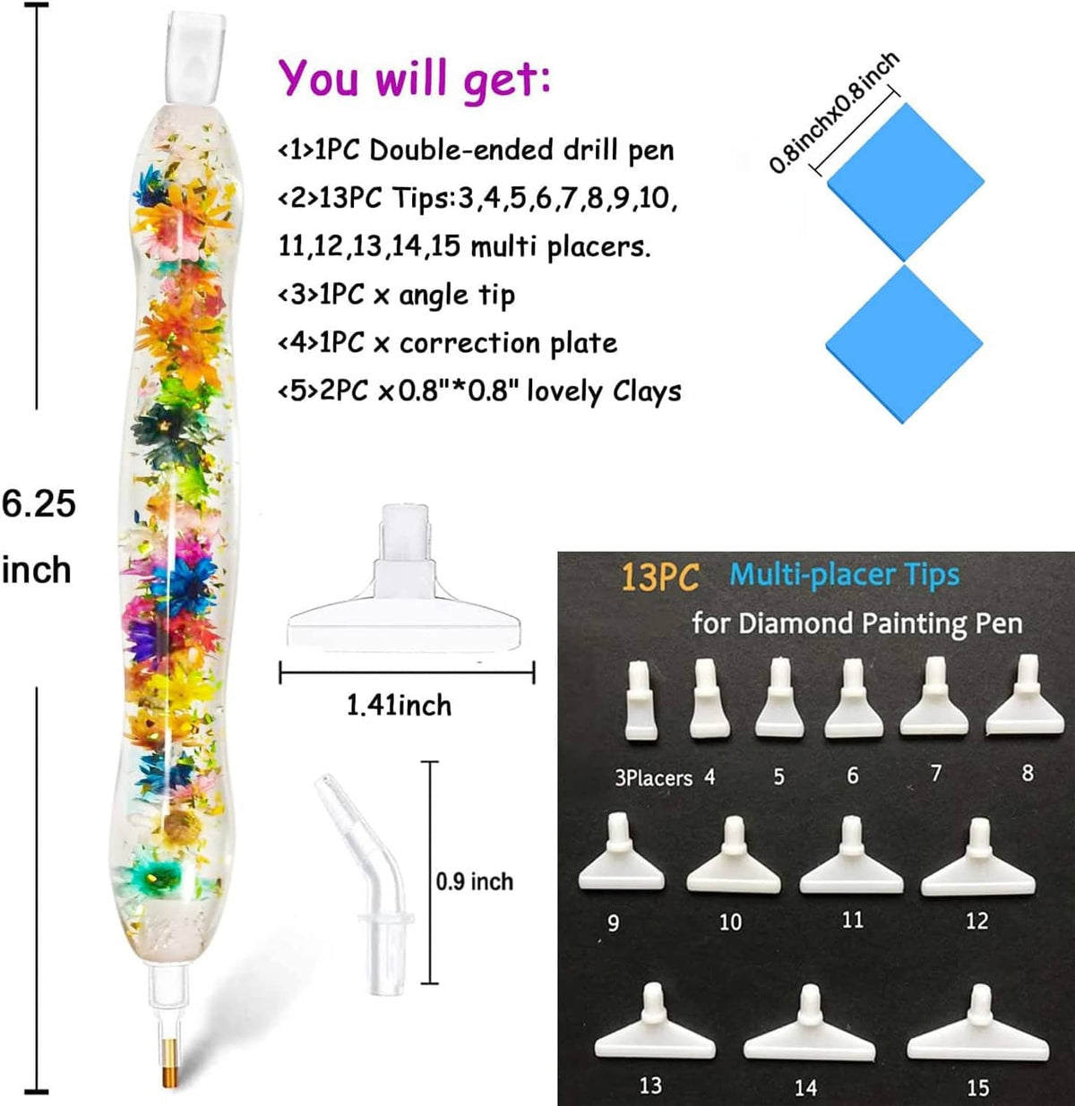 Diamond painting drill pen tool with included multi-placer tips and angle tip