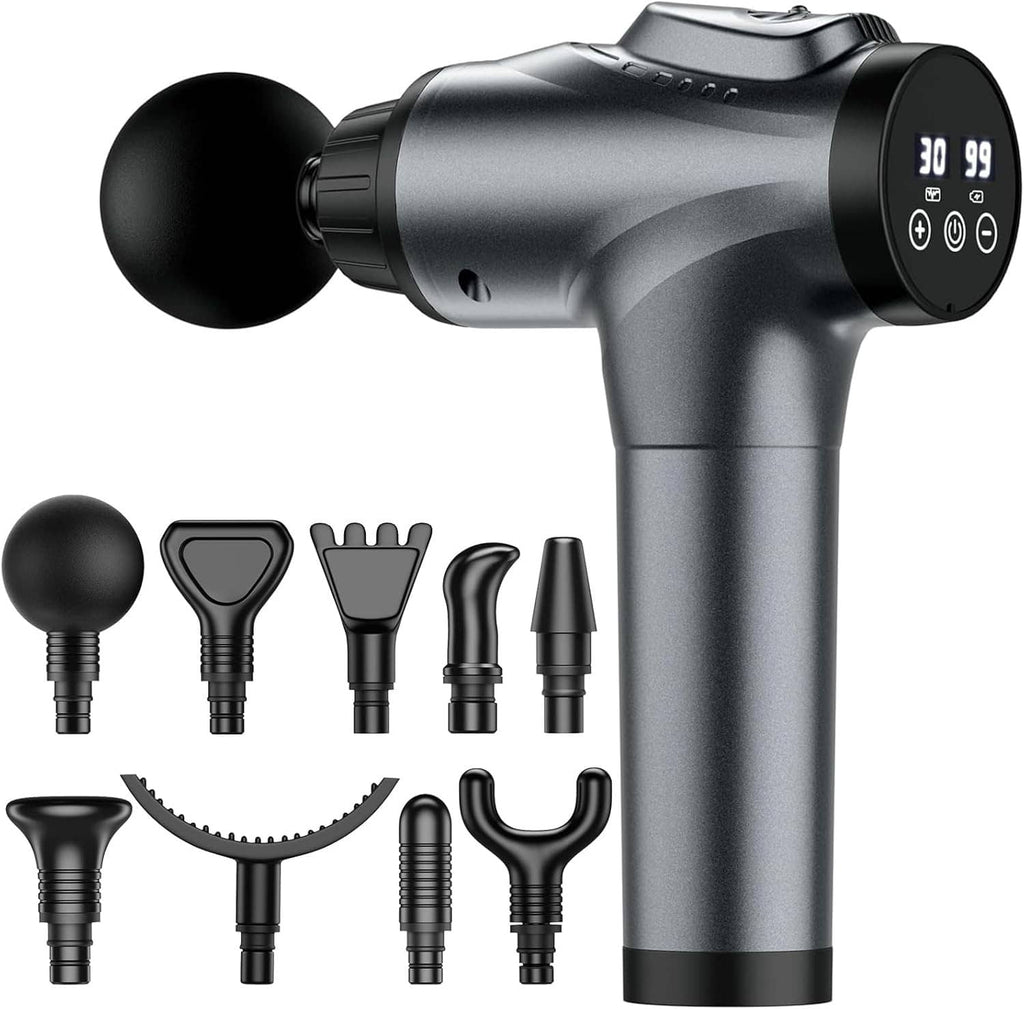 Handheld electric muscle massage gun in dark gray with round head and control panel, kit of 6